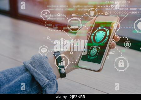 smartphone security access protection concept. phone hacking from internet intruder digital cyber attack anti virus system. Stock Photo