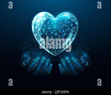 Two human hands are holds human brain. Support healthy brain concept. Wireframe glowing low poly design on dark blue background. Abstract futuristic Stock Vector