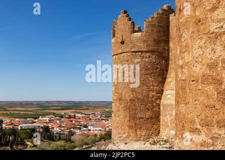 Castle and town of Belmonte in La Mancha, Cuenca Spain. Europe, Stock Photo