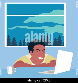 Laughing man with laptop.Video call .Color flat vector illustration. Stock Vector