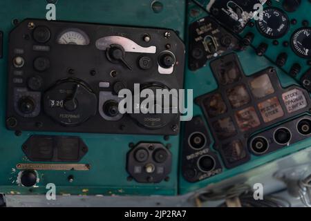 Toggle switches old soviet helicopter mi2 many text on Russian language which translates Light danger Beacon Suspension Cargo Dump Tactical Emergency Stock Photo