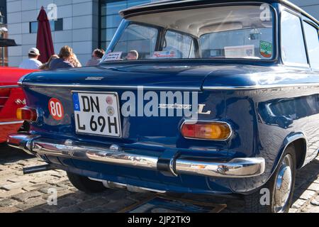 Blue NSU Prinz from the sixties at the oldtimer show in Cologne, diagonal rear view Stock Photo