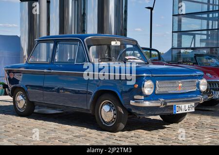 Blue NSU Prinz L from the sixties at the oldtimer show in Cologne, side view Stock Photo