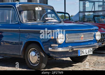 Blue NSU Prinz from the 1960s at the vintage car show in Cologne, detailed view diagonally from the front Stock Photo