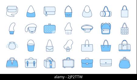 Women bags illustration including icons - purse, handbag, fashion clutch, business briefcase, backpack, leather suitcase, shopper. Thin line art about Stock Vector