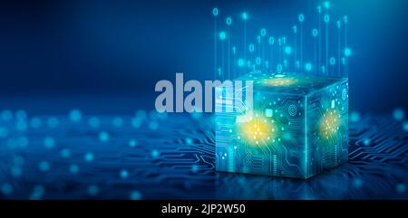 Cube technology on Converging point of circuit with Abstract blue background. Blockchain Network System. Big data storage processing, Cloud data, Inte Stock Photo