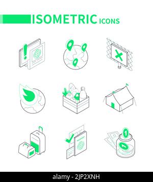 Refugee issues and immigration - modern line isometric icons set Stock Vector