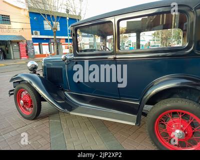 Berazategui, Argentina -Jul 22, 2022: Old blue Ford Model A Tudor sedan 1928 - 1931 in the street. Side view. Classic car show. Stock Photo