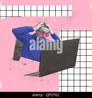 Contemporary art collage. Emotive man, IT worker, programmer holding head with hands and looking in laptop. Professional mistake Stock Photo