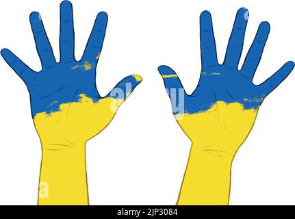 Two hands painted in blue and yellow colors isolated on a white background - In support of Ukraine Stock Vector