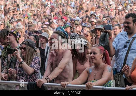 Winchester, UK. 14th Aug, 2022. Crowds of youngsters in costumes seen singing and dancing at Fair Festival. Boomtown is a British music festival held every year on the Matterley Estate in South Downs National Park, near Winchester. (Photo by Dawn Fletcher-Park/SOPA Images/Sipa USA) Credit: Sipa USA/Alamy Live News Stock Photo
