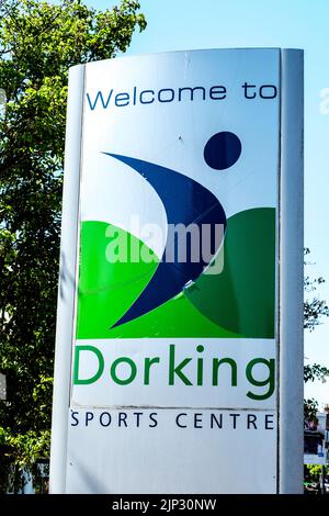 Dorking, Surrey Hills, London UK, August 13 2022, Entrance Sign To Dorking Sports Centre Blue Sky And No People Stock Photo