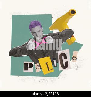 Contemporary art collage. Young man, policeman officer in uniform holding pink handcuffs Stock Photo