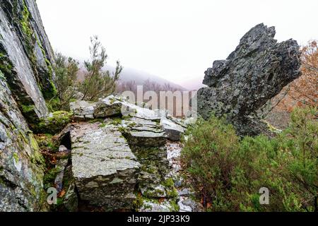Rock and fog landscape in winter with rock formations. Spain. Stock Photo