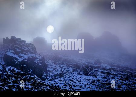 Snowy landscape of the Madrid mountain, white snow covering the ground, and intense fog coming down the mountain. La Morcuera Madrid. Spain. Stock Photo