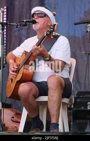 Bass player, Dave Pegg, 'Peggy' of Fairport Convention performing at Fairport's Cropredy Convention. Banbury, UK. August 11, 2022 Stock Photo