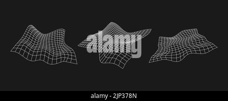 Set of cyber distorted grids, retro punk design elements. Wireframe wave geometry mesh on black background. Vector illustration. Stock Vector