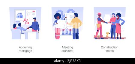 New property building isolated concept vector illustration set. Acquiring mortgage, meeting architect property project and bluepront, construction works, real estate busines vector cartoon. Stock Vector