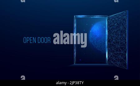 Open door to space, universe. Banner with glowing low poly door on dark blue background. Wireframe low poly design. Abstract futuristic vector Stock Vector