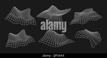 Set of cyber distorted grids, retro punk design elements. Wireframe wave geometry mesh on black background. Vector illustration. Stock Vector