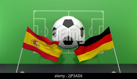 Spain vs Germany soccer Match FIFA World Cup Qatar 2022, on blur background with soccer field,  3D work and 3D image Stock Photo