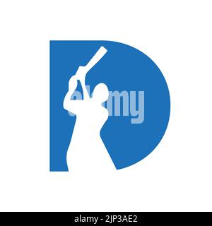 Letter D Cricket Batsman Logo Design Vector Sign. Cricket Club Logotype Symbol Stock Vector