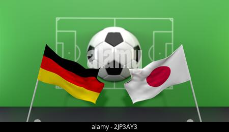 Germany vs Japan soccer Match FIFA World Cup Qatar 2022, on blur background with soccer field,  3D work and 3D image Stock Photo