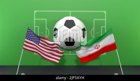 Iran vs United States soccer Match FIFA World Cup Qatar 2022, on blur background with soccer field,  3D work and 3D image Stock Photo