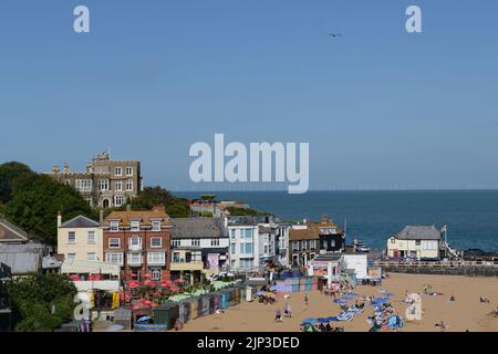 An aerial view of people resting at at sandy Viking bay beach in Broadstairs, England Stock Photo