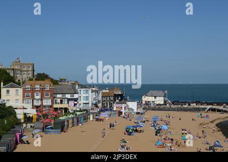 An aerial view of people resting at at sandy Viking bay beach in Broadstairs, England Stock Photo