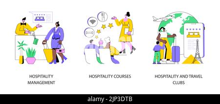 Hotel business abstract concept vector illustration set. Hospitality management and courses, travel clubs, travel office, hospitality staff training, travelers community network abstract metaphor. Stock Vector