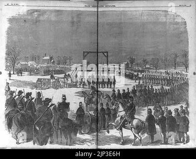 The Execution of Cook and Coppock ... (Charlestown, W. Va., Dec. 17, 1859; panoramic view of soldiers surrounding gallows from which 2 of the Harper's Ferry Raiders are hanging) Stock Photo