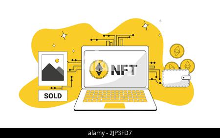 The inscriptions nft and sold on the laptop display and pop-up windows crypto wallet ethereum with elements of chips Stock Vector