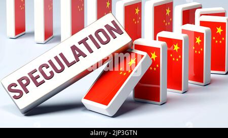 China and speculation, causing a national problem and a falling economy. Speculation as a driving force in the possible decline of China.,3d illustrat Stock Photo