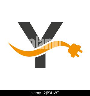 Letter Y Electricity or Electrical Logo Concept with Electric Plug Vector Template Stock Vector