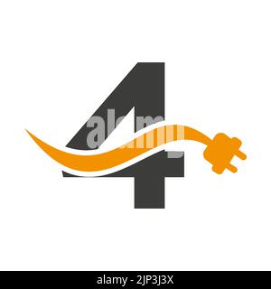 Letter 4 Electricity or Electrical Logo Concept with Electric Plug Vector Template Stock Vector