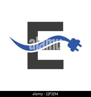 Letter E Electricity or Electrical Logo Concept with Electric Plug Vector Template Stock Vector
