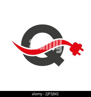 Letter Q Electricity or Electrical Logo Concept with Electric Plug Vector Template Stock Vector