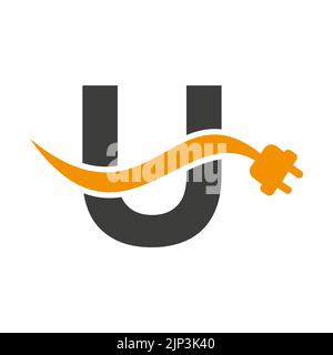 Letter U Electricity or Electrical Logo Concept with Electric Plug Vector Template Stock Vector
