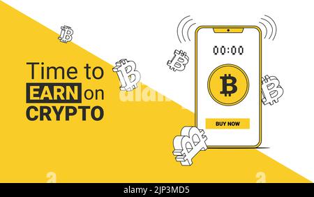 a smartphone on the display of which a bitcoin coin is a timer and a buy now button and typography is the time to earn on the crypt with bitcoin Stock Vector