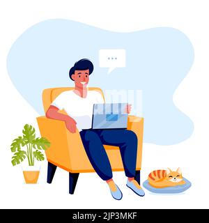 Man sitting on arm-achair and works on laptop. Young guy freelancer and sleeping red cat at home. Vector flat cartoon characters illustration. Online Stock Vector