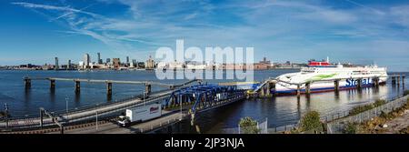 liverpool skyline and the stena line ship  on the river mersey by drone in panorama Stock Photo