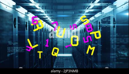 Image of letters and data processing over computer servers Stock Photo
