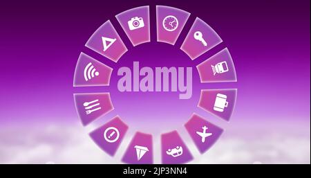 Image of travel icons spinning on pink background Stock Photo