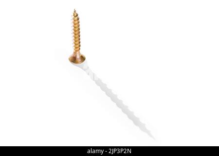 Golden screw on a white background with long shadows. Close up of screw isolated on white, clipping path included Stock Photo