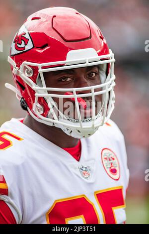 August 13, 2022: Chicago, Illinois, U.S. - Kansas City Chiefs Defensive Tackle #95 Chris Jones takes a break during the game between the Kansas City Chiefs and the Chicago Bears at Soldier Field in Chicago, IL. Stock Photo