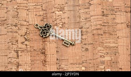 Bronze ornamental key with unique shapes and design on cork board wood background Stock Photo