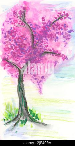 A pink blossoming fruit tree. Watercolor on paper Stock Photo