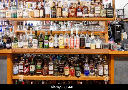 Bottles of liquor and alcoholic drinks at a bar in California, USA