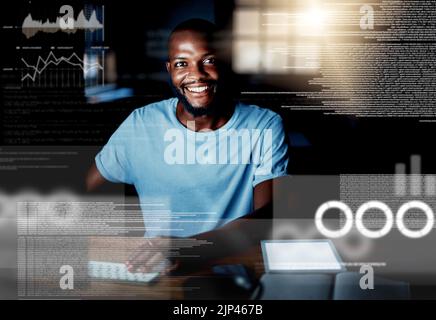 Computer programming, coding and web design with a creative professional in his office with CGI, special effects and digital overlay. Portrait of a Stock Photo